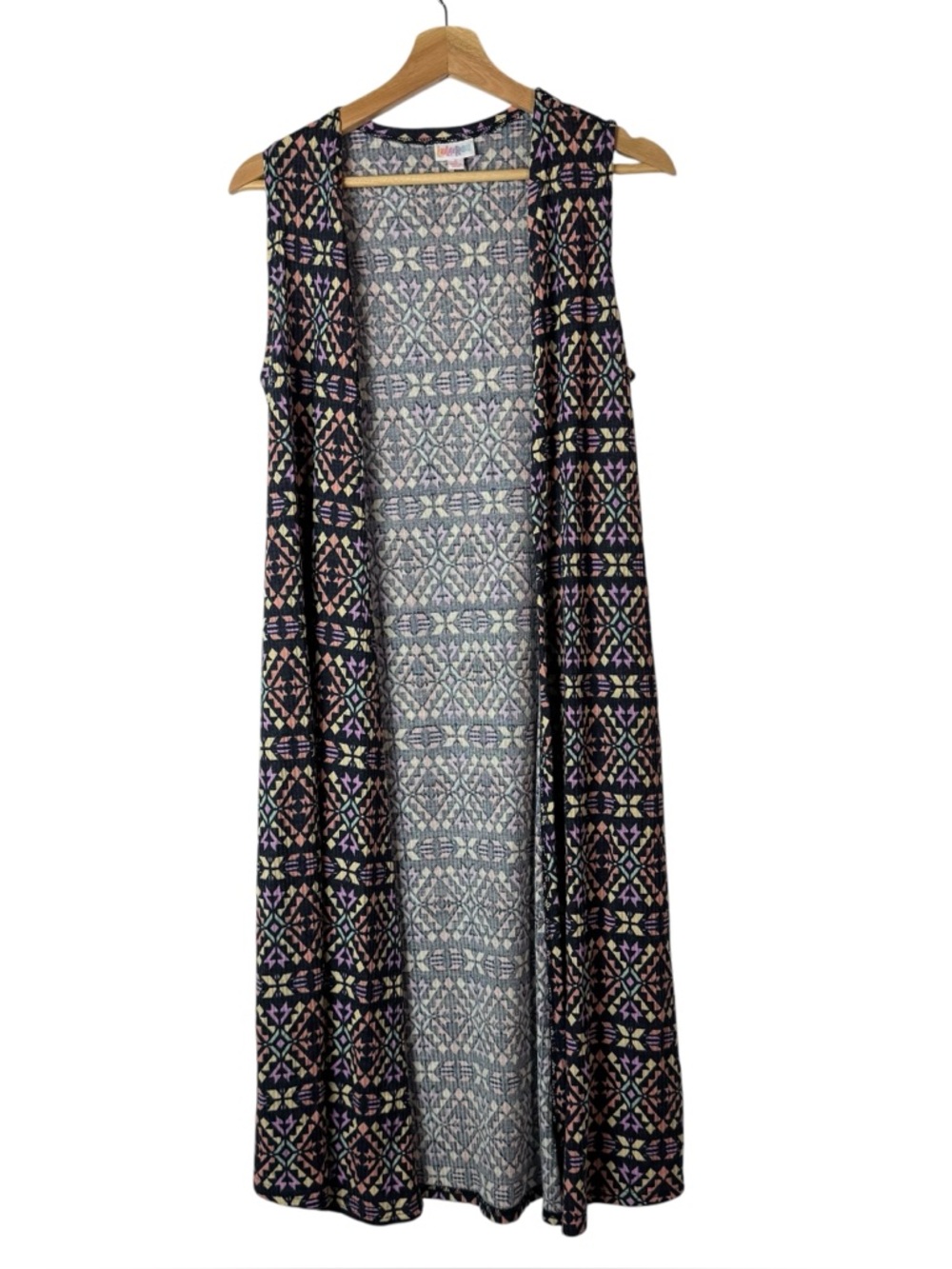 Lularoe Joy Navy Blue Colorful Geometric Printed Sleeveless Kimono Duster S